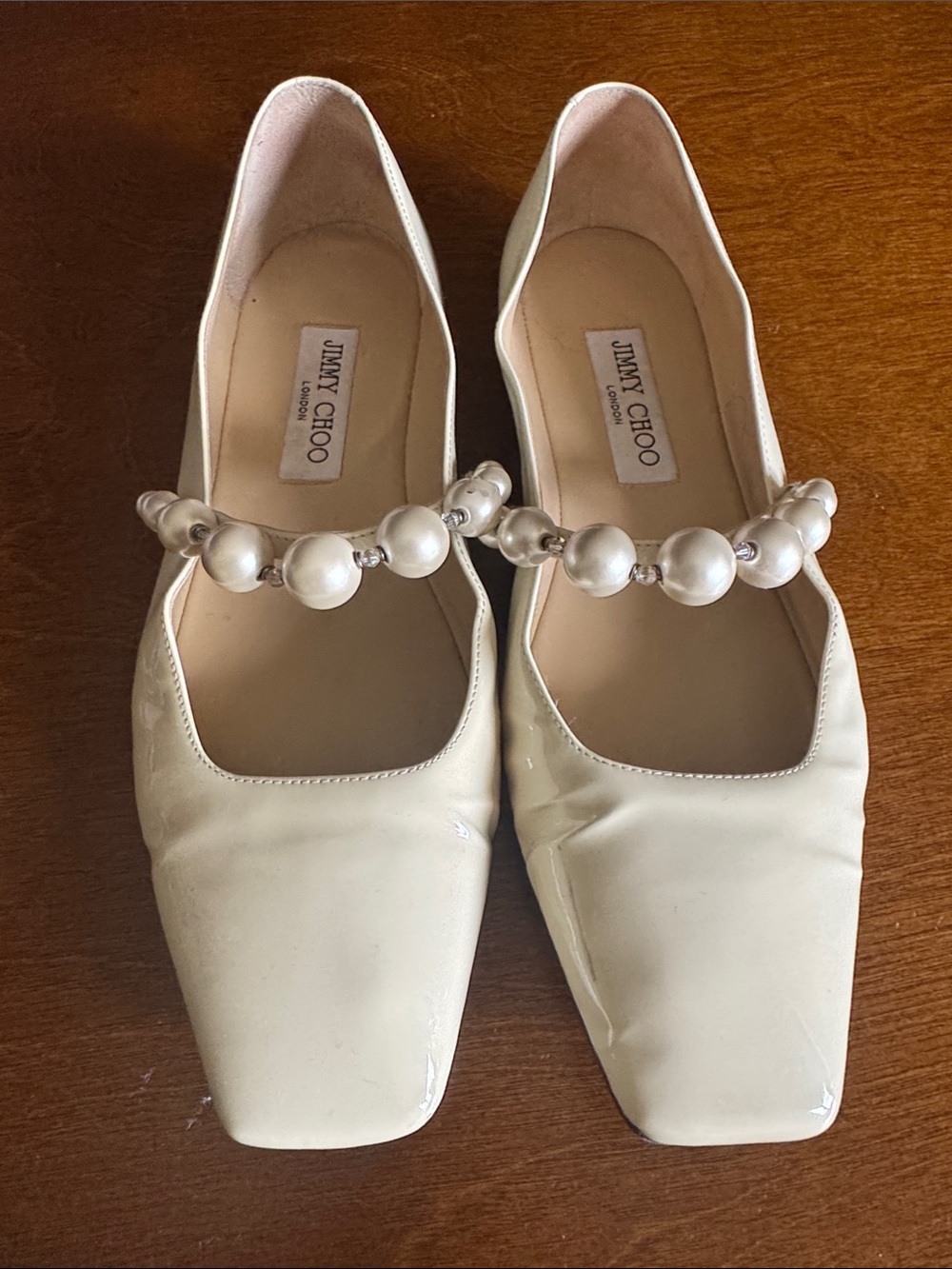 Jimmy Choo Cream Patent Leather Flats with Pearl Strap